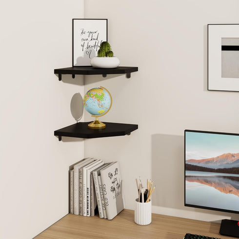 Set 2 8.5in Fun Memories Corner Shelf Wall Mount of - Solid Oak Wood Floating Corner Shelf with Cable Hole, Rustic