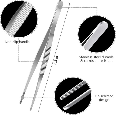 6.3 Inch Food Tweezers Set, 5PCS Stainless Steel with Precision Serrated Tips for Cooking, Baking, Cake Decoration