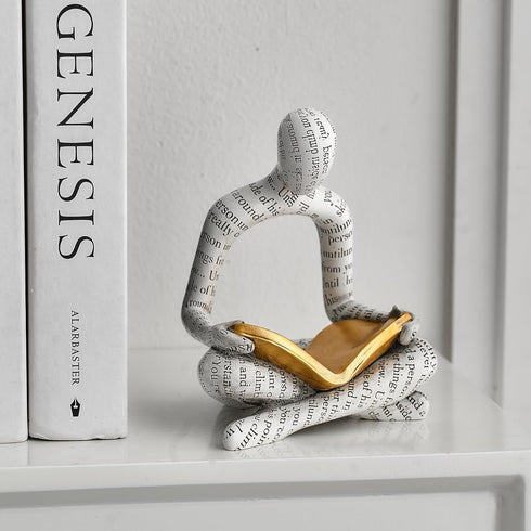 White Decor Reading Statue - Modern Abstract Thinker Sculptures - Resin Decorations for Living Room Coffee Table