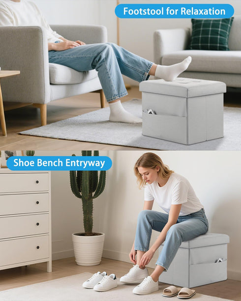 17 Inches Ottoman with Storage Foot Stool, Folding Storage Ottomans, Leather Upholstered Ottoman Foot Rest with Side