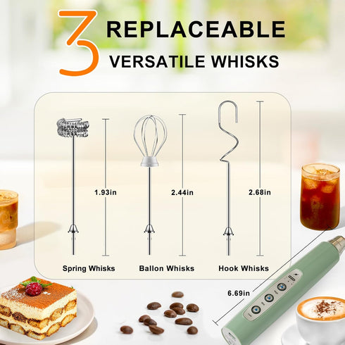 YUSWKO Granite Green Handheld Milk Frother Wand for Coffee, Rechargeable Electric Whisk with 3 Heads and 3 Speeds for