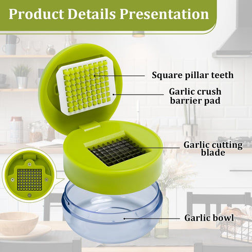 EQUNROY 2 Pcs Garlic Press Stainless Steel,Mini Garlic Chopper,with PeelerCleaning Brush and Scrapers