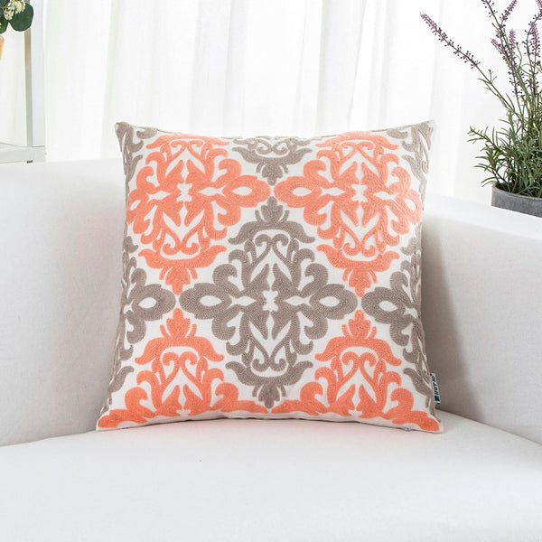 HWY 50 Coral Pink Decorative Throw Pillow Covers - 18x18 Inch (1 Piece) - Embroidered Cotton Farmhouse Cushion Cover