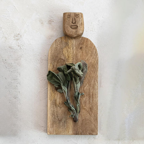 Creative Co-Op Medium Hand-Carved Mango Wood Slicer Face Handle Design and Combed Finish, Natural Cheese and Cutting Board