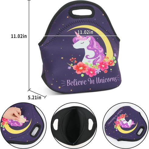 Violet Mist Cute Neoprene Lunch Bag, Insulated Tote Black Unicorn Reusable Lunch Box for Women