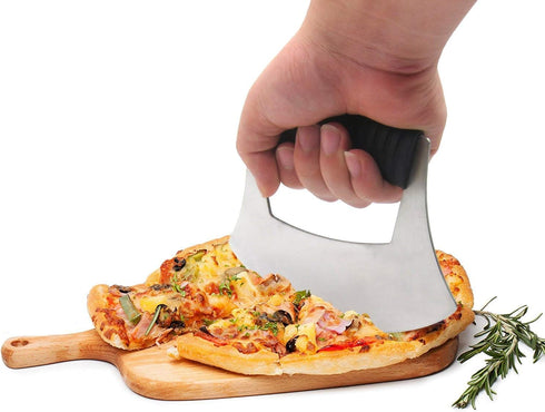 KAYCROWN Mezzaluna Knife: Pizza Cutter Salad Chopper - Stainless Steel Sharp Rocker Ulu Knife with Cover
