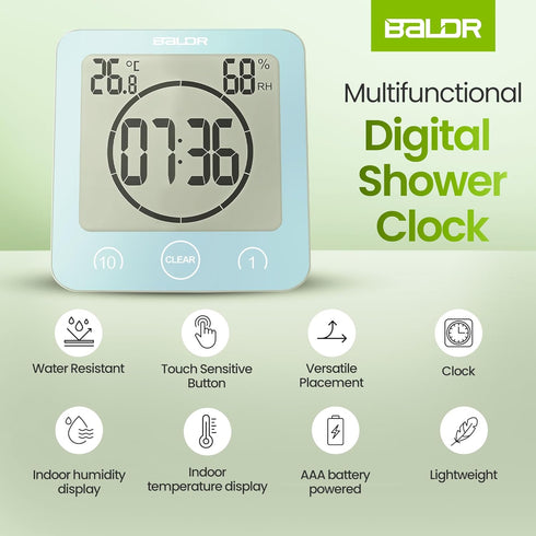 BALDR Digital Shower Clock - Blue Water-Resistant Countdown Timer with Temperature and Humidity