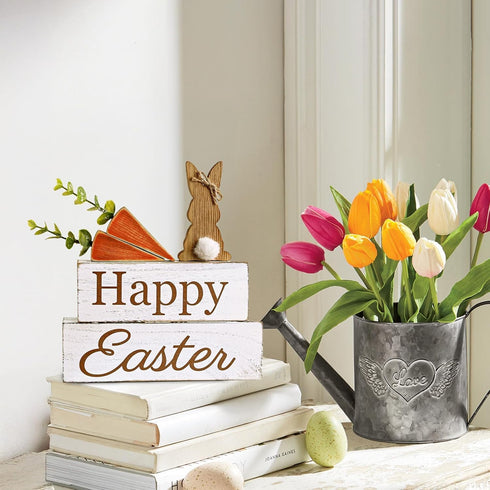 5PCs Easter Decorations: Happy Rustic Easter Wooden Bunny Carrot Table Signs, Cute Carrots Bunny Shaped Holiday Home
