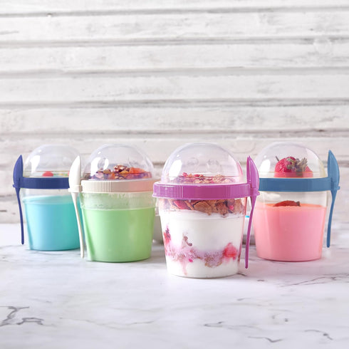 4 Pack 17 oz Crystalia On The Go Yogurt Parfait Cups with Lids, Topping Compartment & Spoons, Cereal Oatmeal Salad