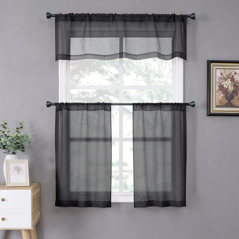 Tollpiz Sheer Valance, Linen Textured Bedroom Curtain, Light Filtering Rod Pocket Voile Valances for Living Room, Black