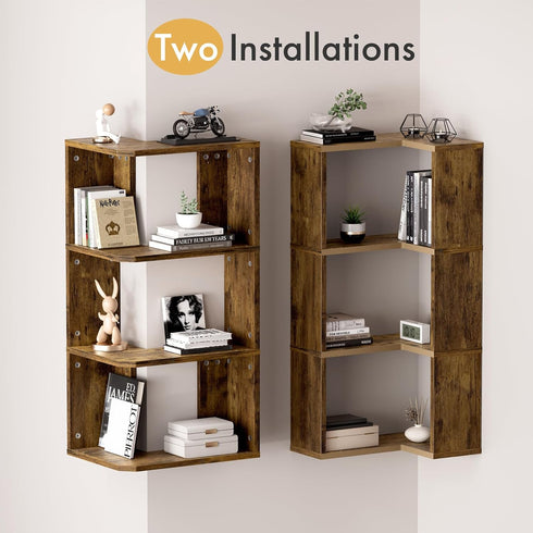 4-Tier Floating Corner Shelf, Floating Shelf for Wall, Wood Floating Book Shelf for Living Room, Bedroom, Bathroom