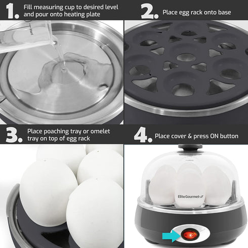 Elite Gourmet EGC007CHC# Rapid Egg Cooker, 7 Easy-To-Peel Eggs, Poacher, Omelet Maker, Auto Shut-Off, Charcoal Grey