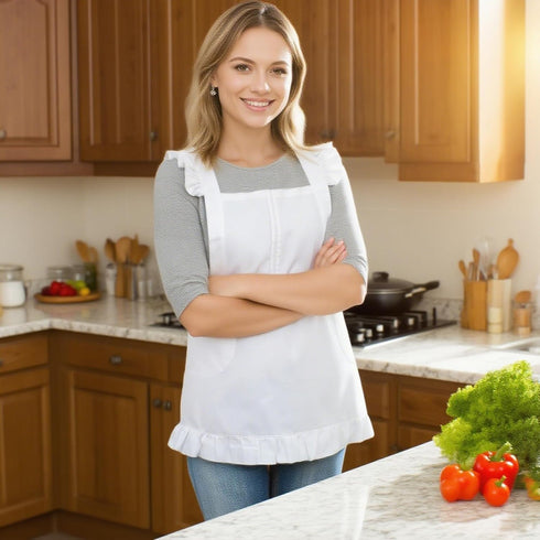 2 Love Potato Retro Style Cotton Kitchen Apron for Women - Adjustable Cross Back Ties, Pockets - White