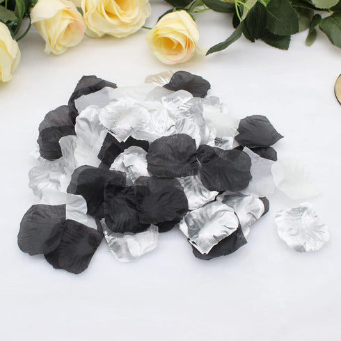 900PCS Silver Black White Artificial Flowers, Silk Rose Petals, Flower Girl Scatter Petals for Wedding