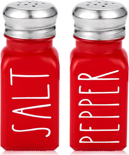 Red Salt and Pepper Shakers Set by Brighter Barns, Modern Farmhouse Kitchen Decor with Stainless Steel Lid
