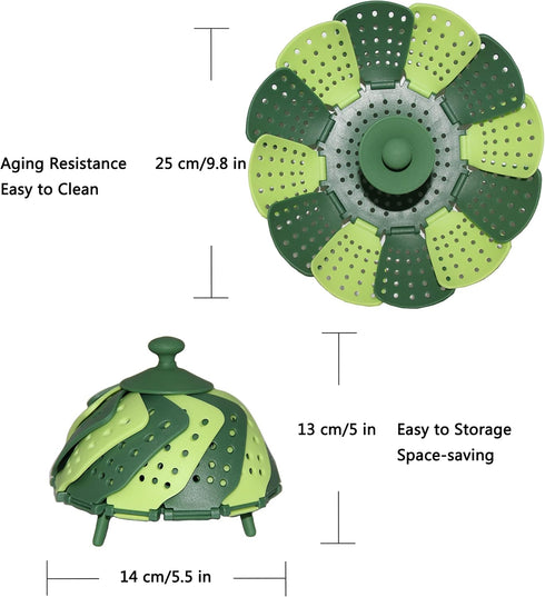 Lotus Folding Steamer Basket - BPA-Free Green Kitchenware Accessory, Non-Scratch Silicone Cookware