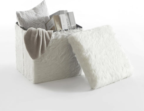 15 Inch Urban Lifestyle Mongolian Fur Collapsible Storage Ottoman Square Soft White Modern Multipurpose Footrest Bench