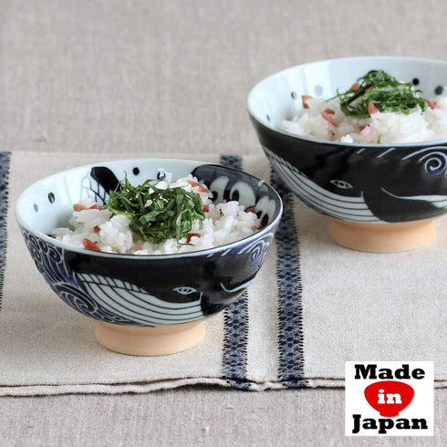 Minoru Touki White Wave Whale Blue Ceramic Rice Bowl, Small Set of 2 f4.4×H2.4in 11.29oz