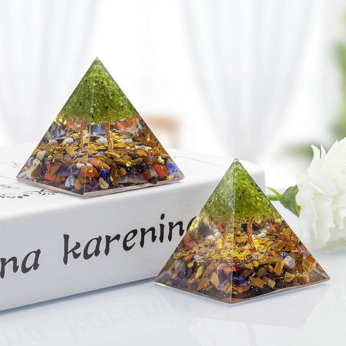 TUMBEELLUWA 2.36in 7 Chakra Crystal Tree of Life Orgonite Pyramid Generator, Handmade Energy Stones Decor