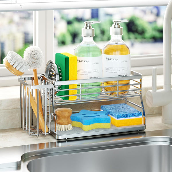 SWTYMIKI Kitchen Sink Caddy Organizer, 2 Tier Sponge Holder for Kitchen Sink