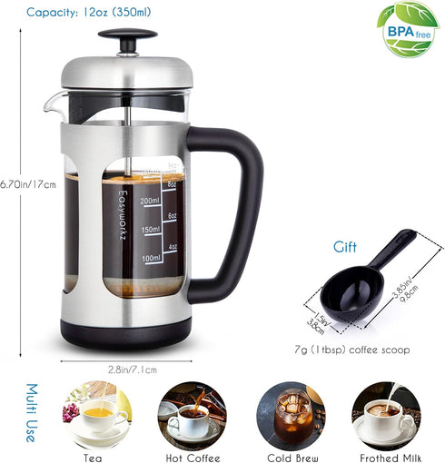 Easyworkz Stainless Steel French Press 12 oz Coffee Tea Maker with Soft Grip Handle by Easyworkz