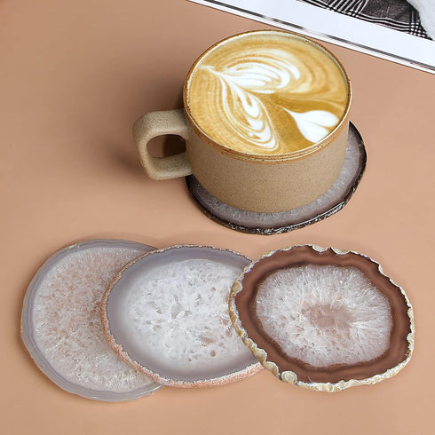 Natural Agate Coaster Set of 4, 3.5-4" Crystalline Geode Stone Coasters for Drinks, Coffee Table Decor, Agate Slices