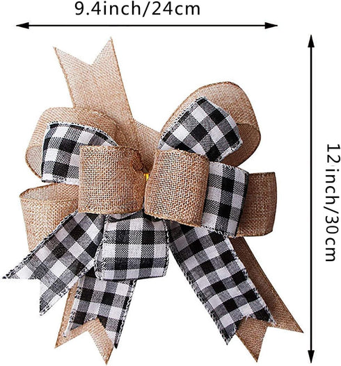 Buffalo Plaid Burlap Bows - 2 Pack 12”x9.4” Large Rustic Farmhouse Decor Tree Topper Check Bow for Fall Wedding
