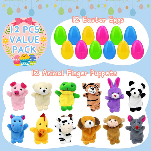 12PCS Filled Easter Eggs with Animal Finger Puppets Inside, Prefilled Easter Eggs for Easter Eggs Hunt, Easter Basket