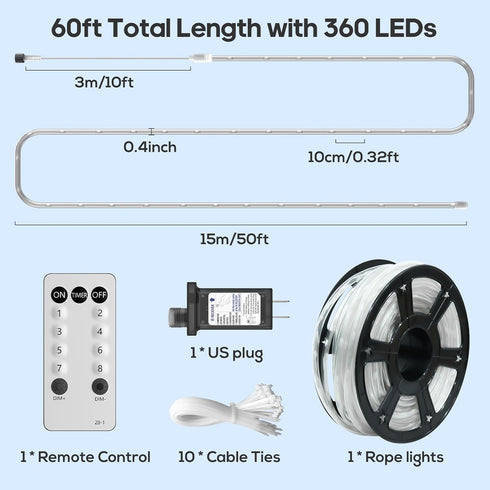 50FT 360 8 4 LED Waterproof Rope Lights Outside with Remote, Modes and Brightness Tube Lights for Christmas, Bedroom