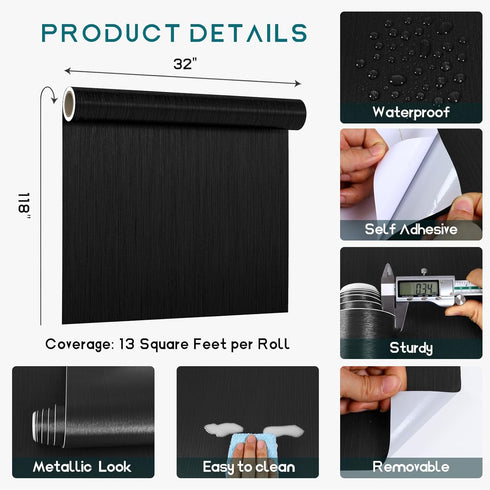 VEELIKE Brushed Black Stainless Steel Contact Paper, 32''x118'', Waterproof Peel and Stick Fridge Wrap, Black Metallic