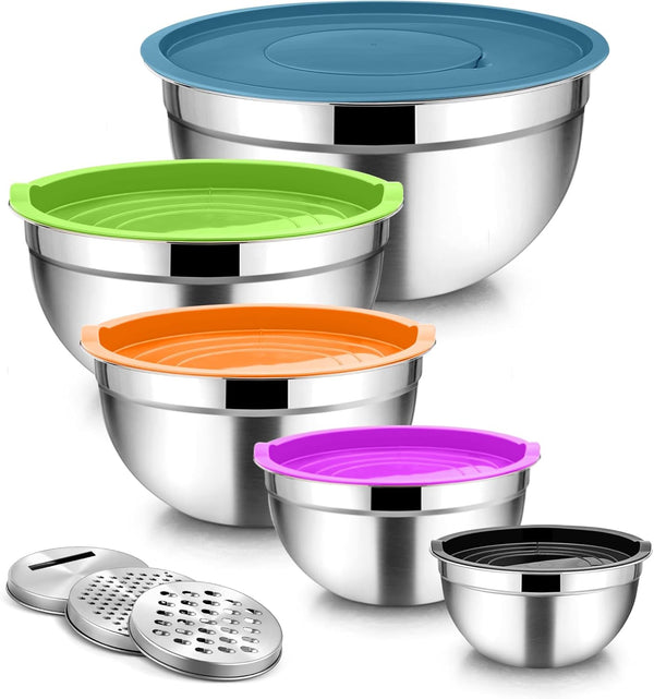 TeamFar Mixing Bowls with Lids, 5PCS Stainless Steel Salad Bowls with 3 Grater Attachments for Cooking and Serving