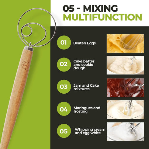 LHU Premium Original Danish Dutch Whisk - 13.5" L, Stainless Steel/Beechwood, Includes Cleaning Brush for Better Batter