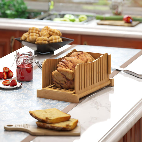 3 Bamboo Bread Slicer, Adjustable Bread Slicer Guide with Thickness Size, Foldable Compact Chopping Cutting Board