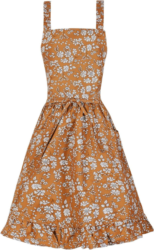 Vintage Floral Pinafore Apron Dress for Women, Cute Chef Aprons with Pockets for Kitchen Cooking Baking Gardening
