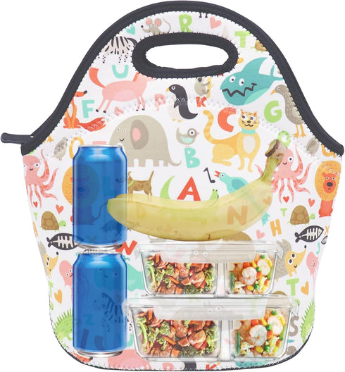Neoprene Lunch Bag for Kids, Insulated Tote for Women, Men, Teens, Boys, Girls (Alphabet Animals)