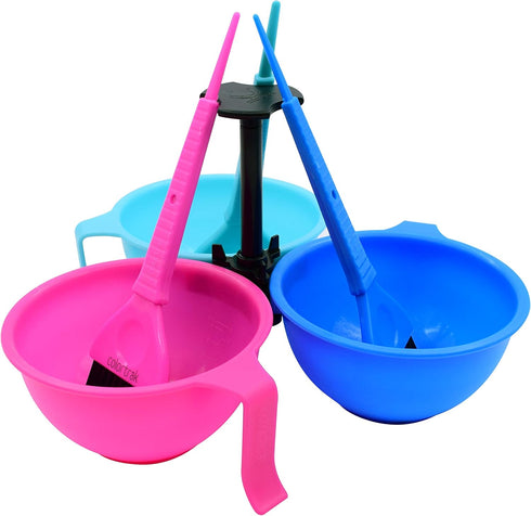 Colortrak Hair Dye Bowl Caddy, Includes Center Caddy Pole and Three Color Coded Bowls with Matching Brushes, Bowls Marked for Measurements, Bowls with Individual Handles by Colortrak