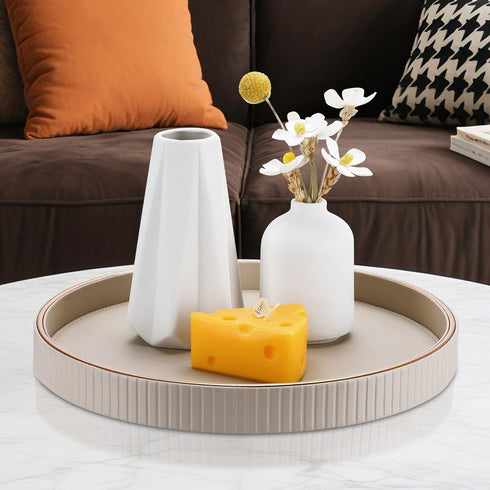 Counter, KINGFOM Round Decorative Tray, PU Leather Vanity Tray Organizer with Gold Trim for Dresser, Coffee Table