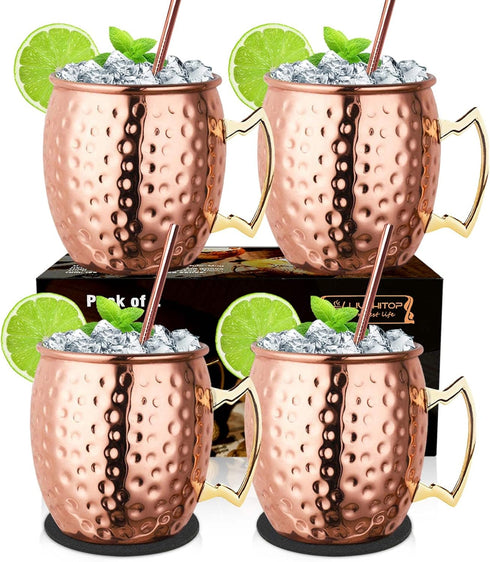 LIVEHITOP Moscow Mule Mugs Set of 4, Handcrafted Copper Cocktail Cups with Coasters for Cold Drinks and Parties