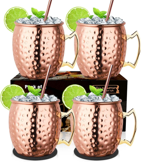LIVEHITOP Moscow Mule Mugs Set of 4, Handcrafted Copper Cocktail Cups with Coasters for Cold Drinks and Parties