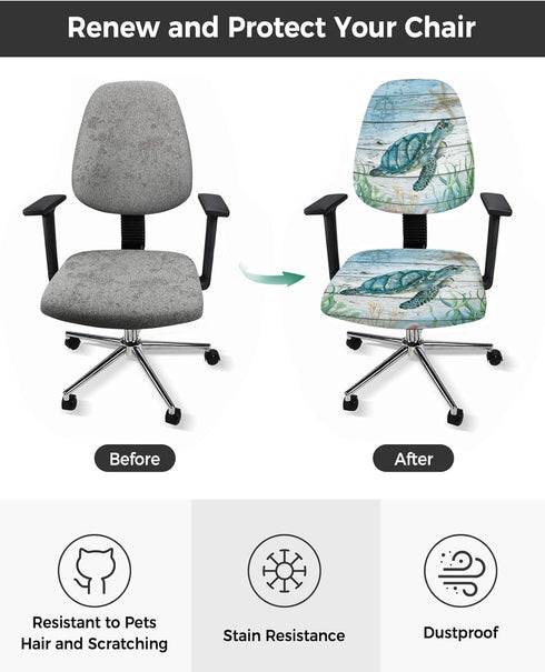 Sea Turtle Computer Office Chair Cover, Vintage Blue Ocean Turtle Design, Stretchable Removable Slipcover