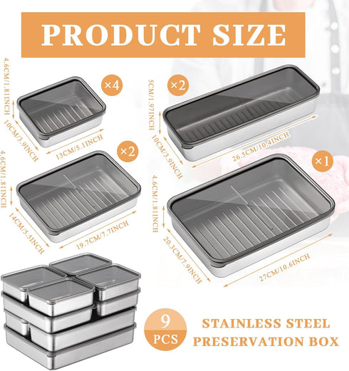Hushee 9 Pack 304 4 Bacon Cheese Container for Refrigerator, Stainless Steel Airtight Deli Meat Container, Dishwasher