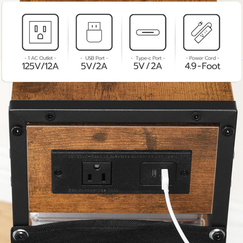3-Tier BF412UBZ01 HOOBRO End Table with Charging Station, Small Side Table with Magazine Holder, Nightstand Bedside