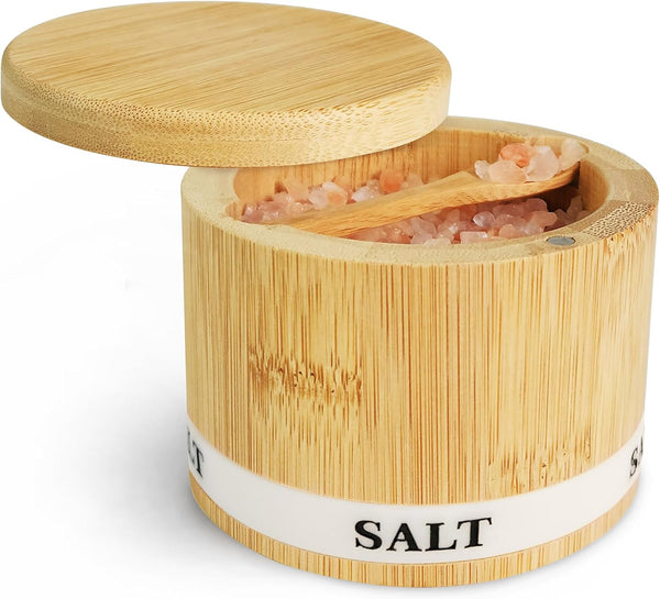 Salt Box Bamboo Salt Container with Swivel Lid and Spoon, Small Spice Cellar with Magnetic Seal - 8 oz Capacity