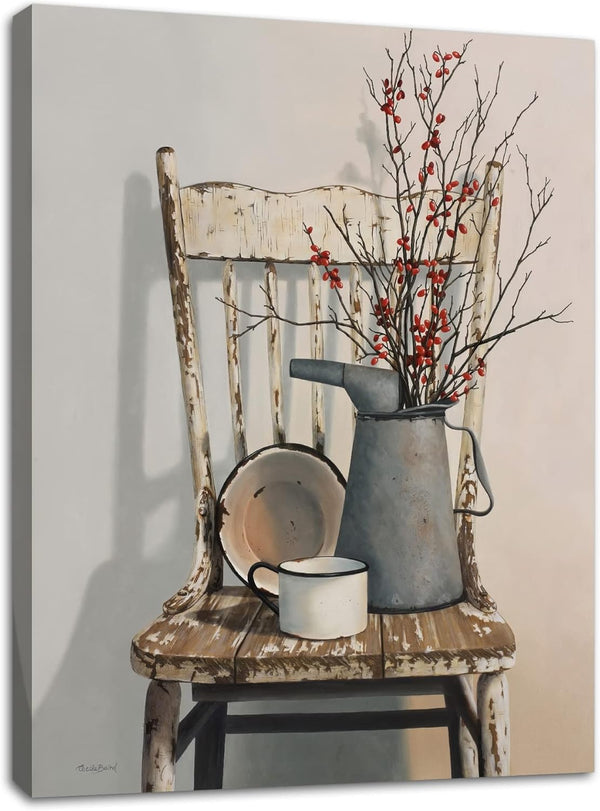 Rustic Flower Theme Canvas Wall Art - Wood Framed Vintage Decor, 12 x 16 Easy to Hang