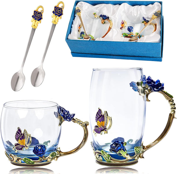 DUMVOIN Tea Cup Glass Coffee Mugs,Fancy Tea Cup Set Birthday Christmas Valentine's Day
