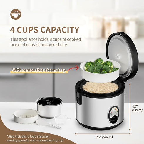 4-Cup (1.0L)/8-Cup Macook Stainless Steel Rice Cooker with Steamer, Uncooked Cooked, Electric Grain & Vegetable Cooker