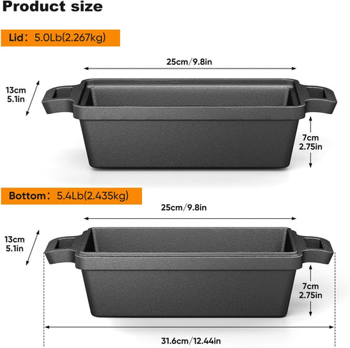 Heimekite 95 Inch 2 Set Cast Iron Loaf Pan with Lid, bread pans for baking, Piece | Even Heat Distribution Bread Baking