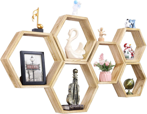 NOVIMANGO Hexagonal Floating Shelves Wall Mounted Set of 6 Wooden Hexagon Shelves