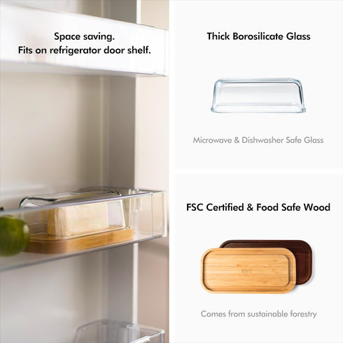 KIVY Glass Butter Dish with Airtight Lid - For Countertop and Refrigerator Door Shelf, Covered Butter Holder