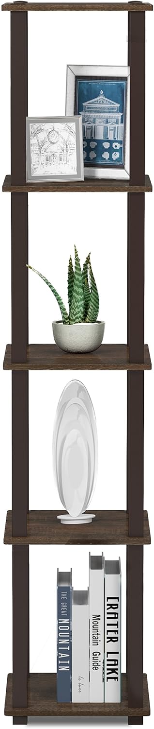 5-Tier FURINNO Turn-S-Tube Corner Square Rack Display Shelf, Walnut/Brown